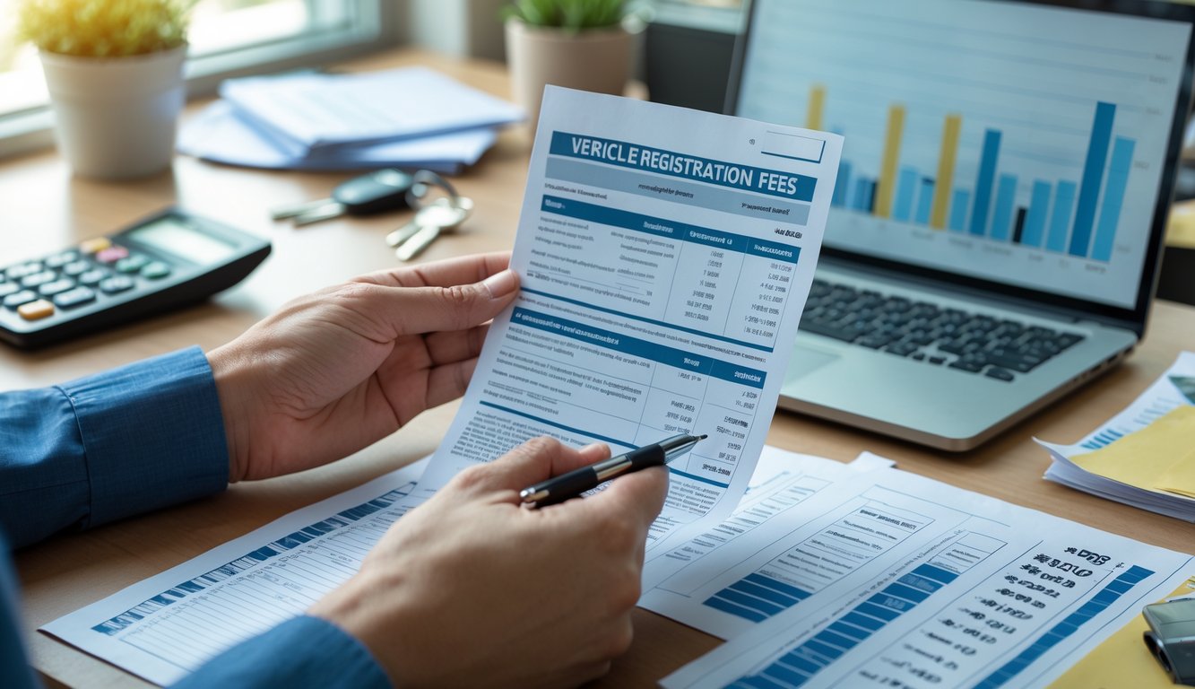 Hands holding a car registration document and pen over a desk with a calculator, laptop showing financial graphs, and paperwork related to vehicle registration fees.