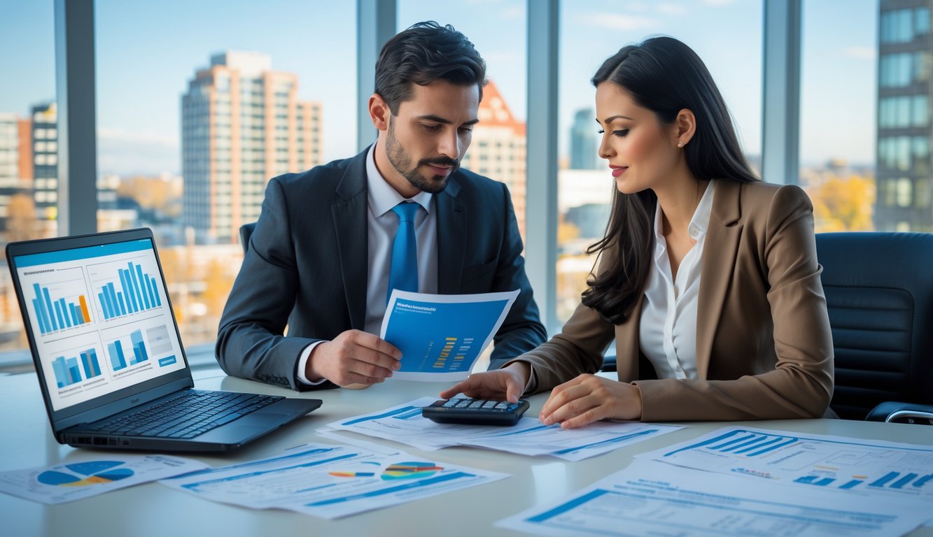 Two people at an office desk reviewing documents and financial papers with a cityscape visible through a window behind them.