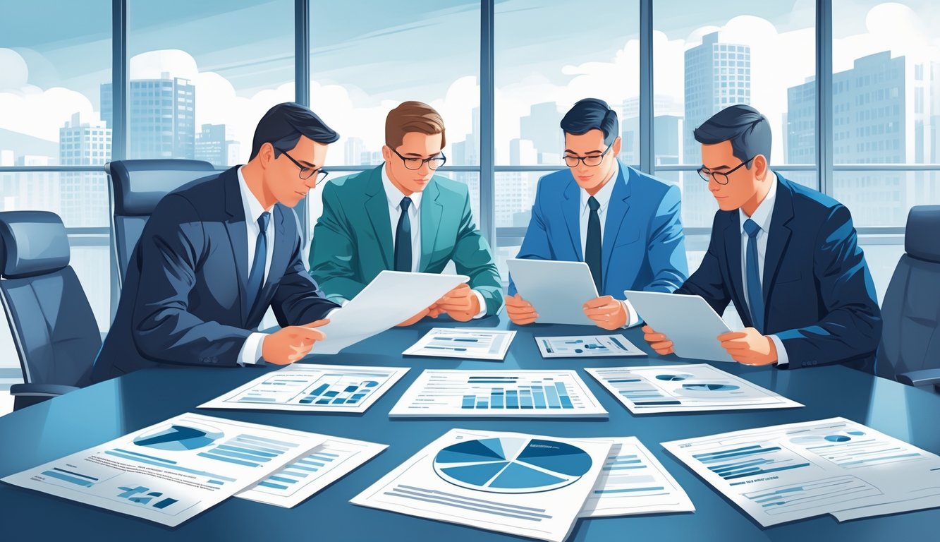 A group of insurance adjusters in business attire discussing documents and digital tablets around a conference table in an office with a city view.