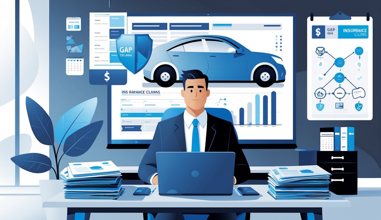 An insurance adjuster at a desk reviewing documents and a laptop, with visual elements representing gap insurance coverage and a car in an office environment.