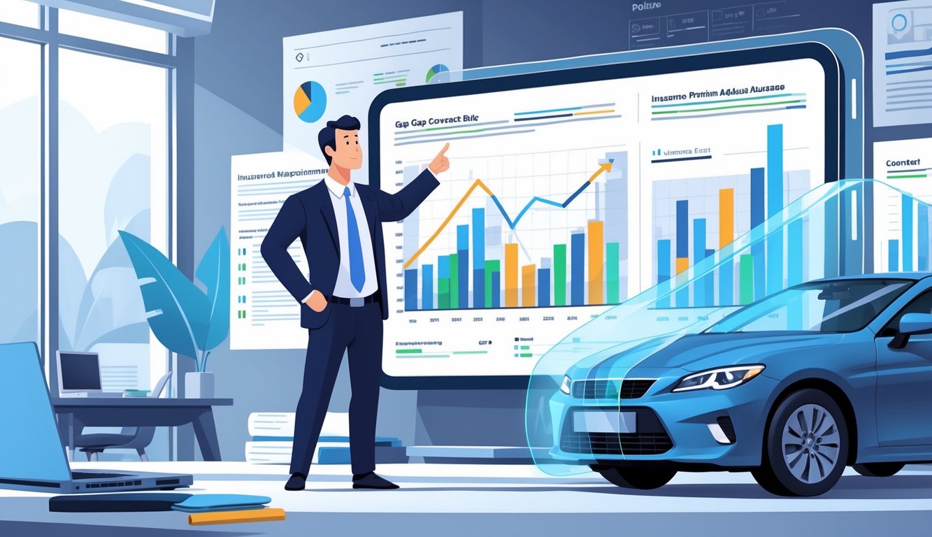 An insurance adjuster explaining charts about premiums and costs next to a car protected by a transparent shield in an office.