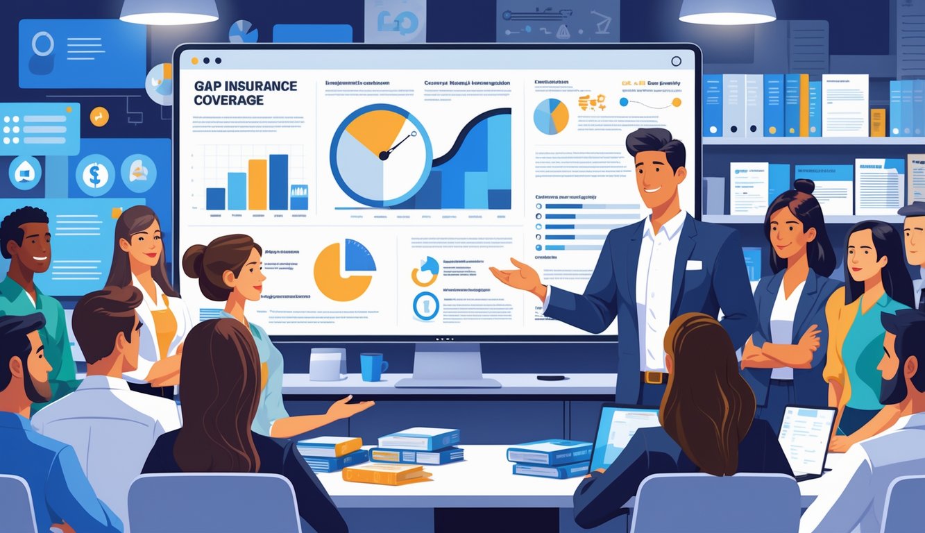 An insurance adjuster explains gap insurance coverage to a group of consumers in an office with charts and documents about insurance and consumer rights.