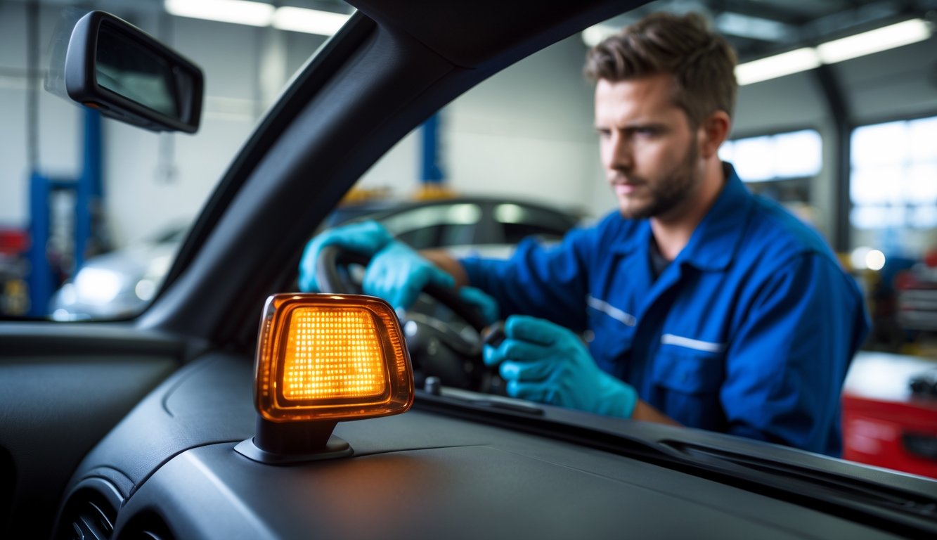 A mechanic inspects a car interior while the airbag warning light is illuminated on the dashboard.