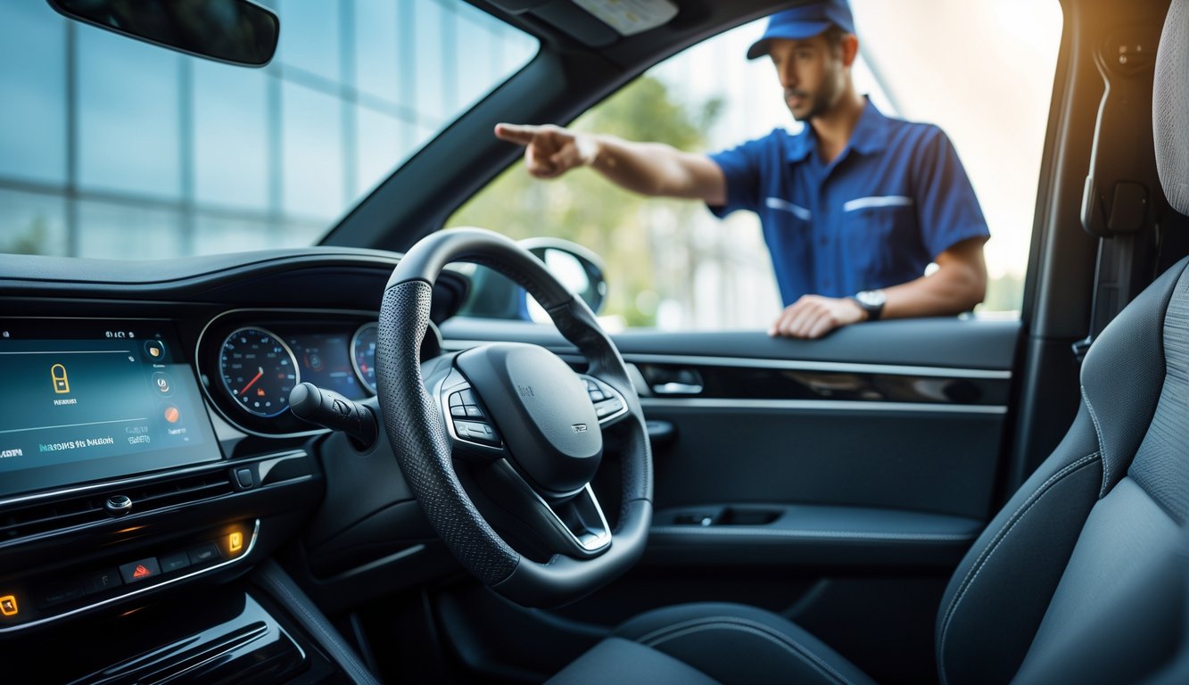 Close-up of a car dashboard and steering wheel with airbag components visible, and a mechanic pointing at the dashboard.