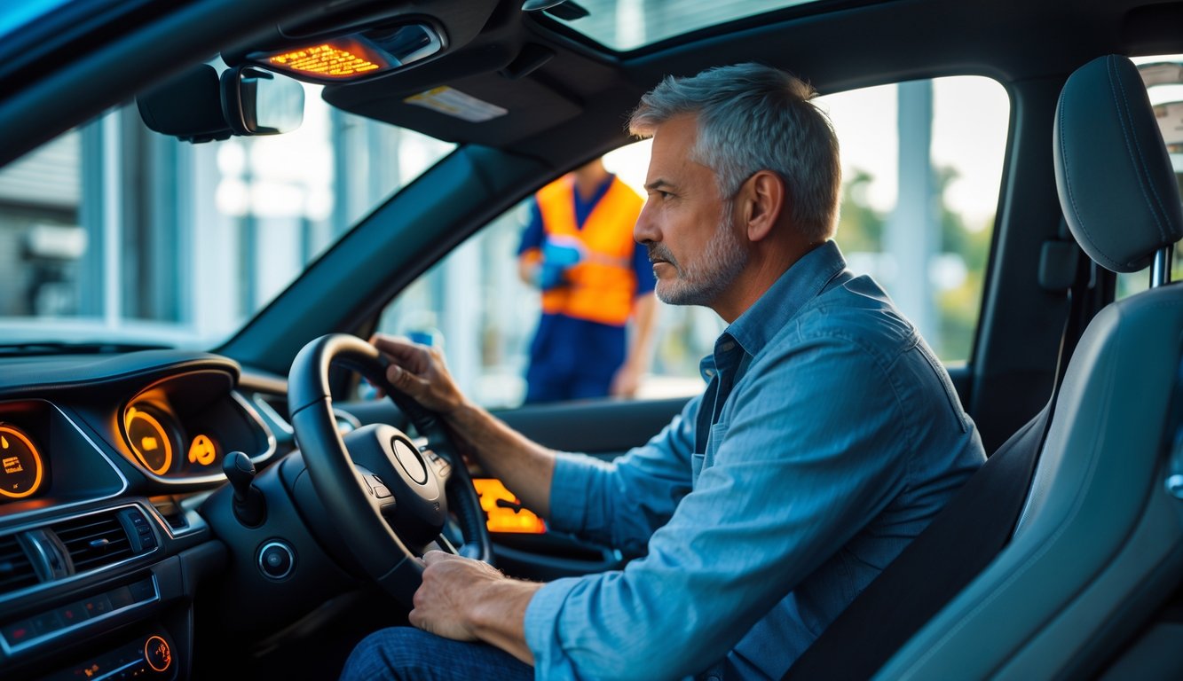 A driver inside a car looking at the illuminated airbag warning light on the dashboard while a mechanic stands nearby with a diagnostic tool.