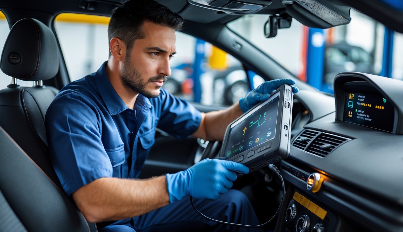 A mechanic using a diagnostic scanner to check a car's airbag system inside a workshop.