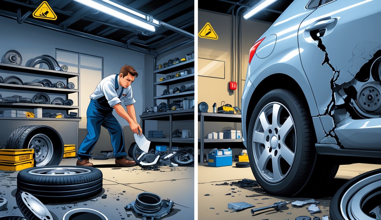 A mechanic's workshop showing a contrast between cheap, damaged car parts and high-quality replacement parts, with a close-up of a car wheel having unsafe, cracked tire and rusty brakes.