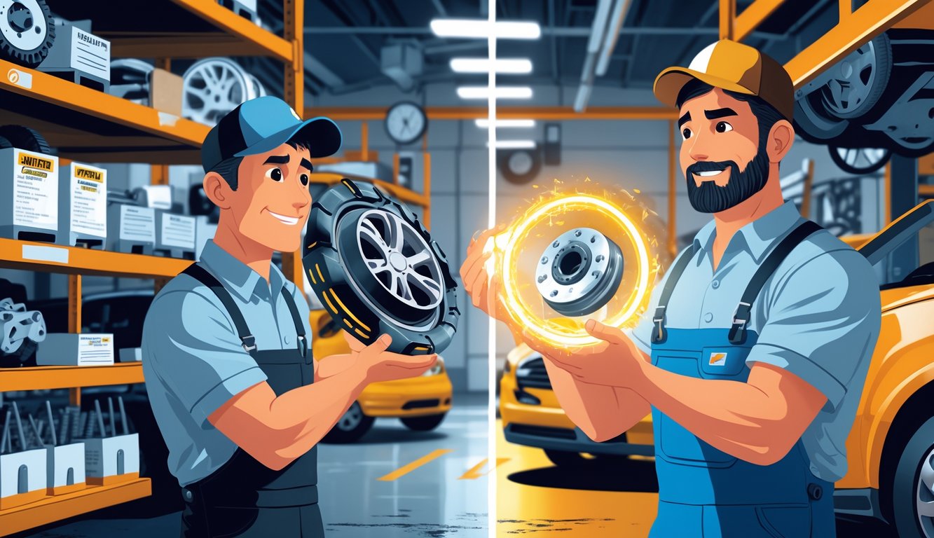 A mechanic inspects a cracked, low-quality car part in a repair shop filled with cheap parts, while another mechanic holds a sturdy, safe car part, illustrating the contrast between unsafe and reliable replacement parts.
