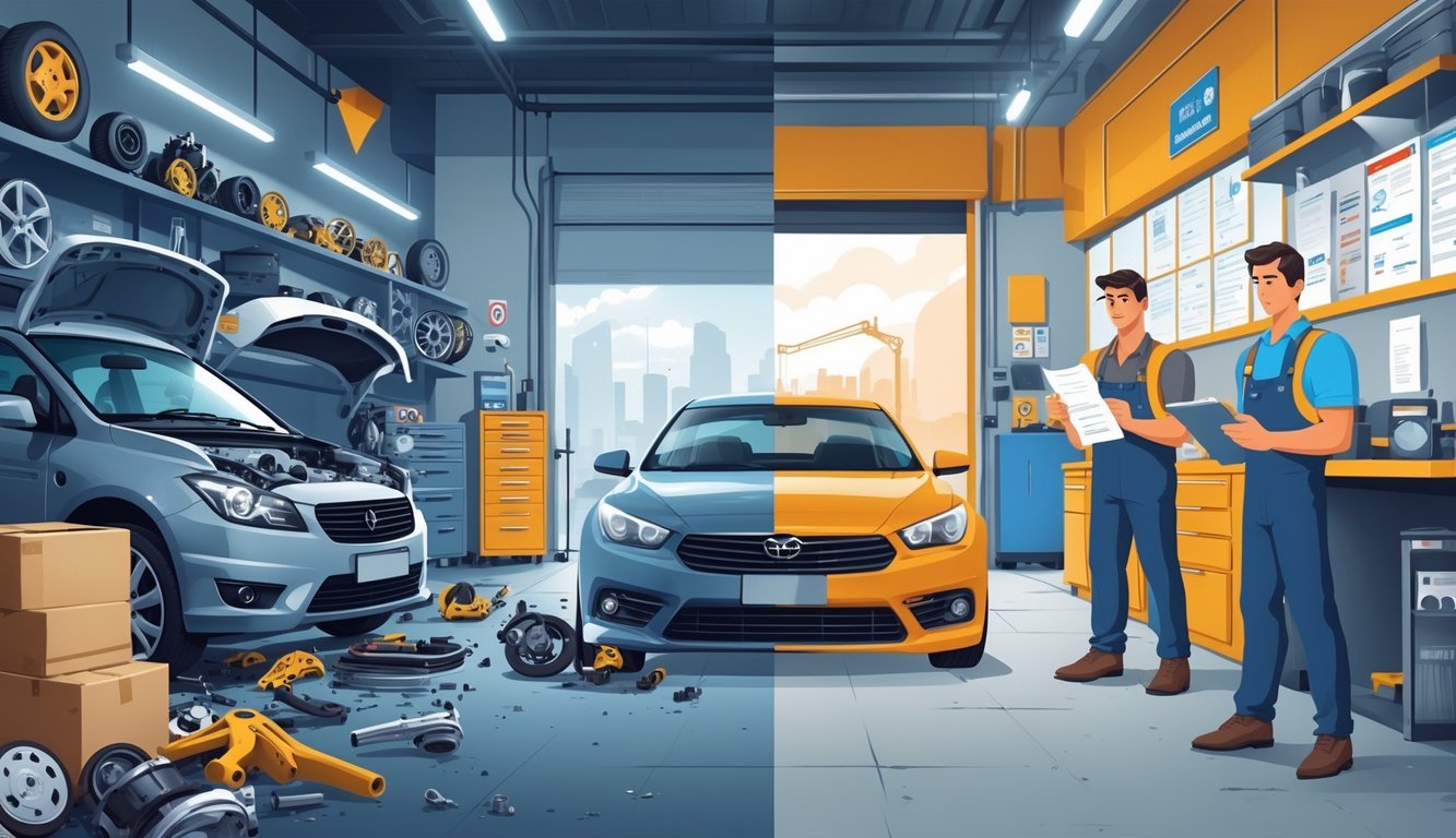 A mechanic's workshop showing a contrast between a messy shop with cheap, unsafe car parts and a clean, professional service area with genuine parts, highlighting safety and warranty concerns.