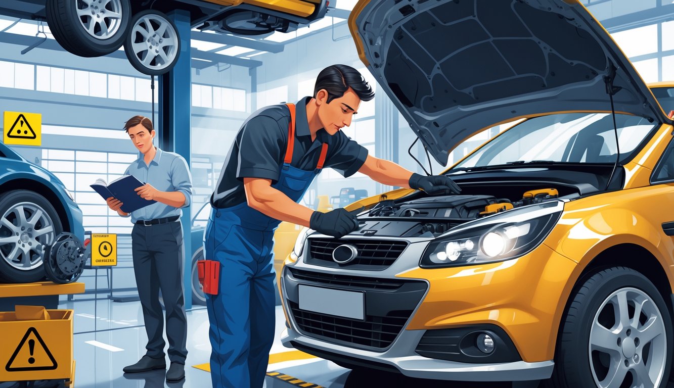 A mechanic inspects car parts in an auto repair shop while a concerned customer watches, highlighting the risks of using cheap replacement parts.