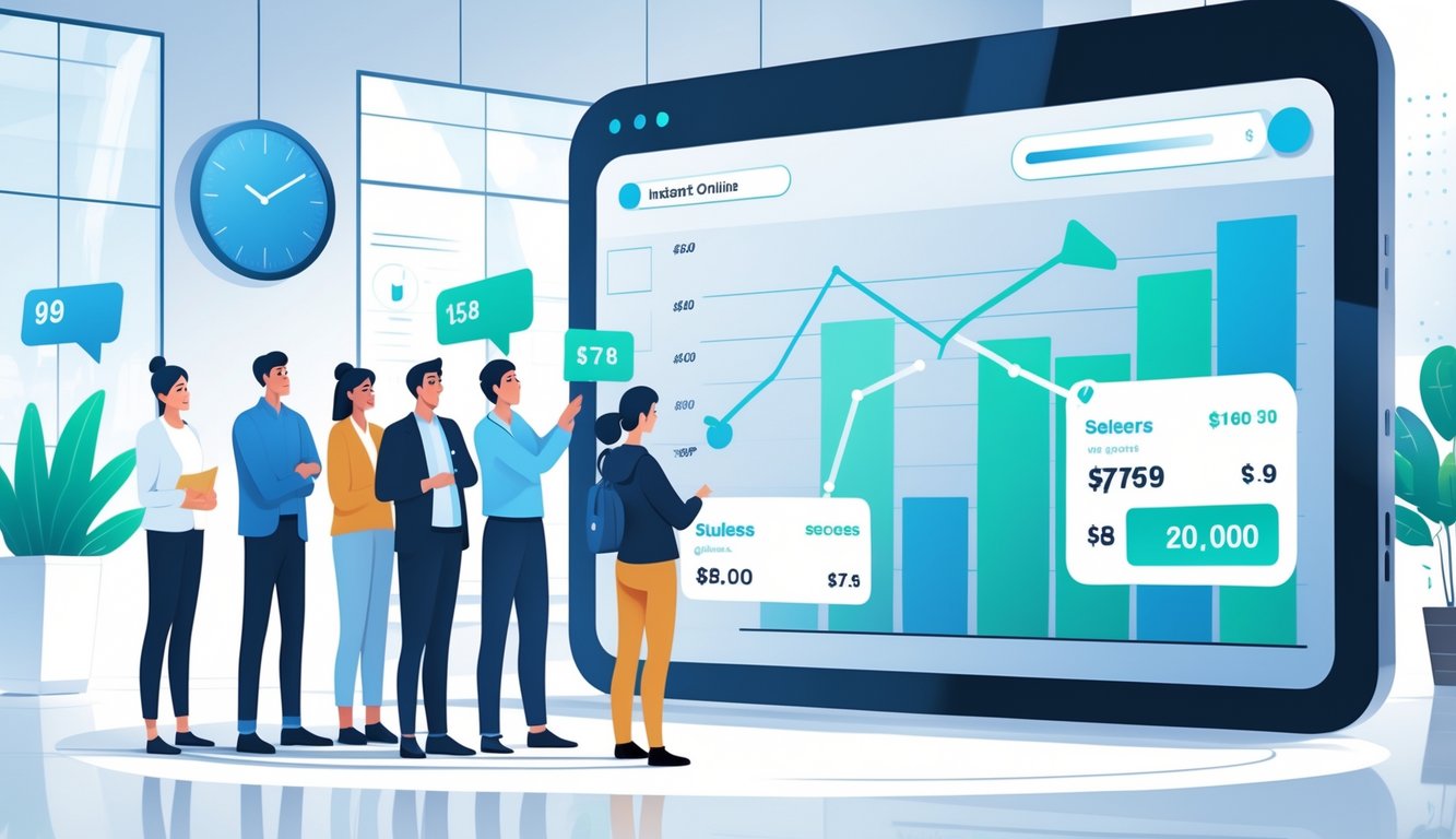 Sellers looking at a digital screen displaying falling price tags and charts in a modern office setting.