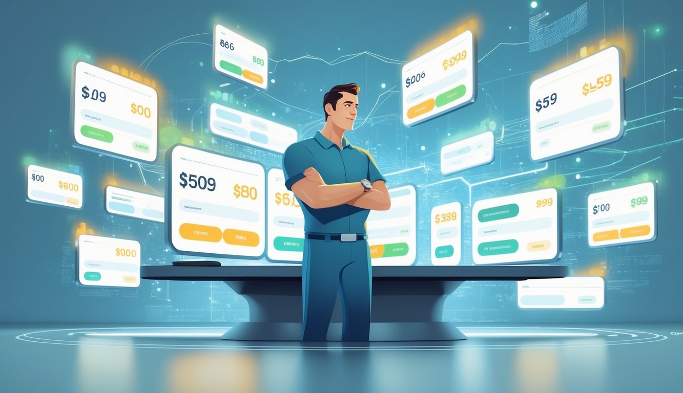 A seller looking thoughtfully at multiple floating digital screens showing different price quotes in a modern online marketplace.