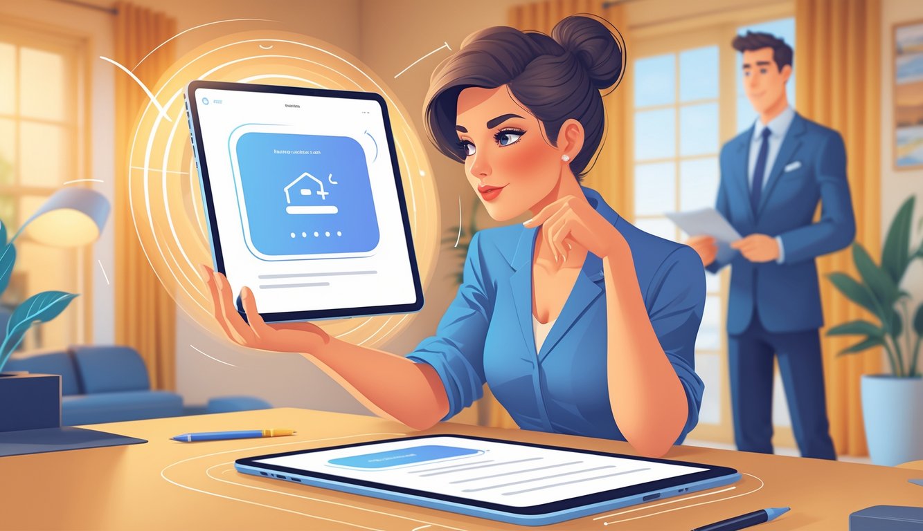 A home seller looks thoughtfully at a digital tablet showing a lower offer, while a real estate agent stands nearby holding paperwork in a modern home interior.