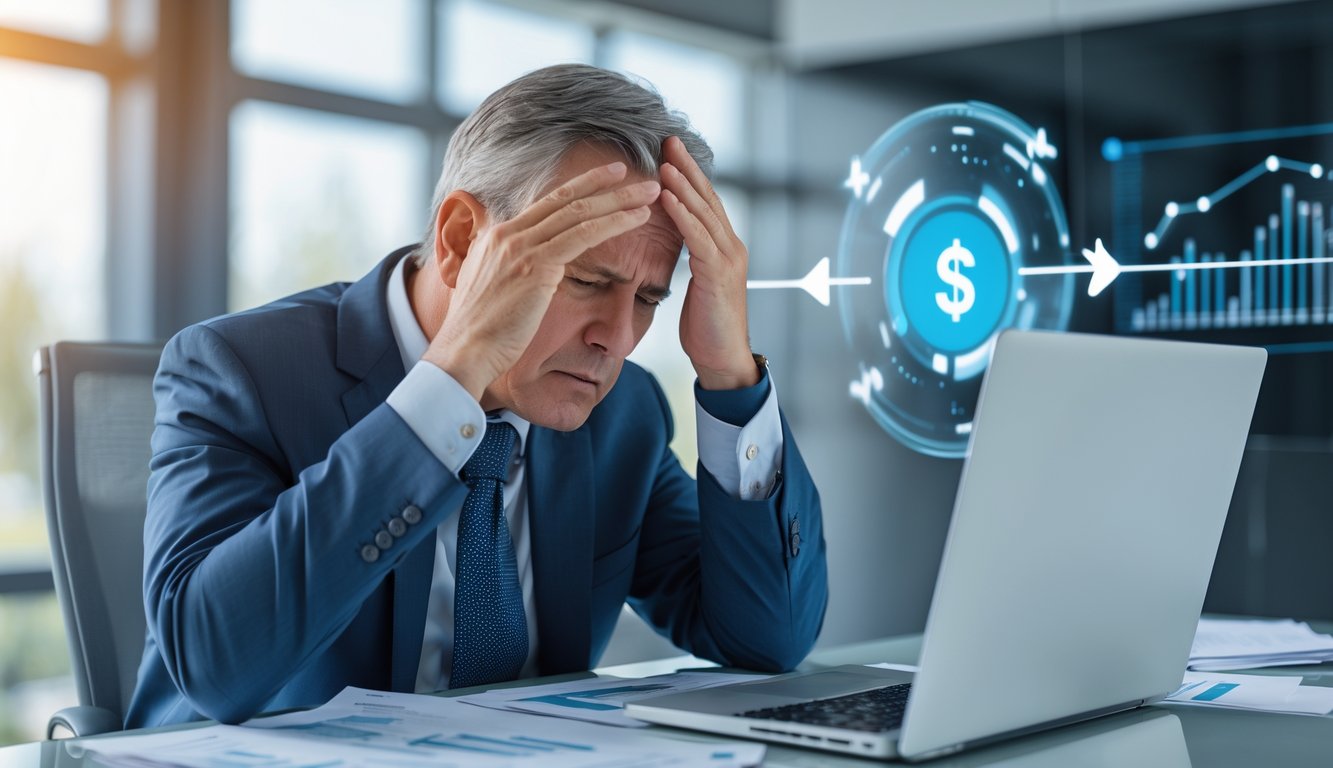 A worried businessman sitting at a desk with paperwork and a laptop, showing regret after a fast transaction.