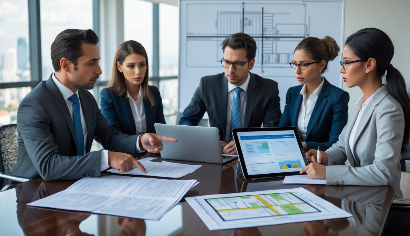 Four business professionals discussing property documents around a conference table in a modern office.