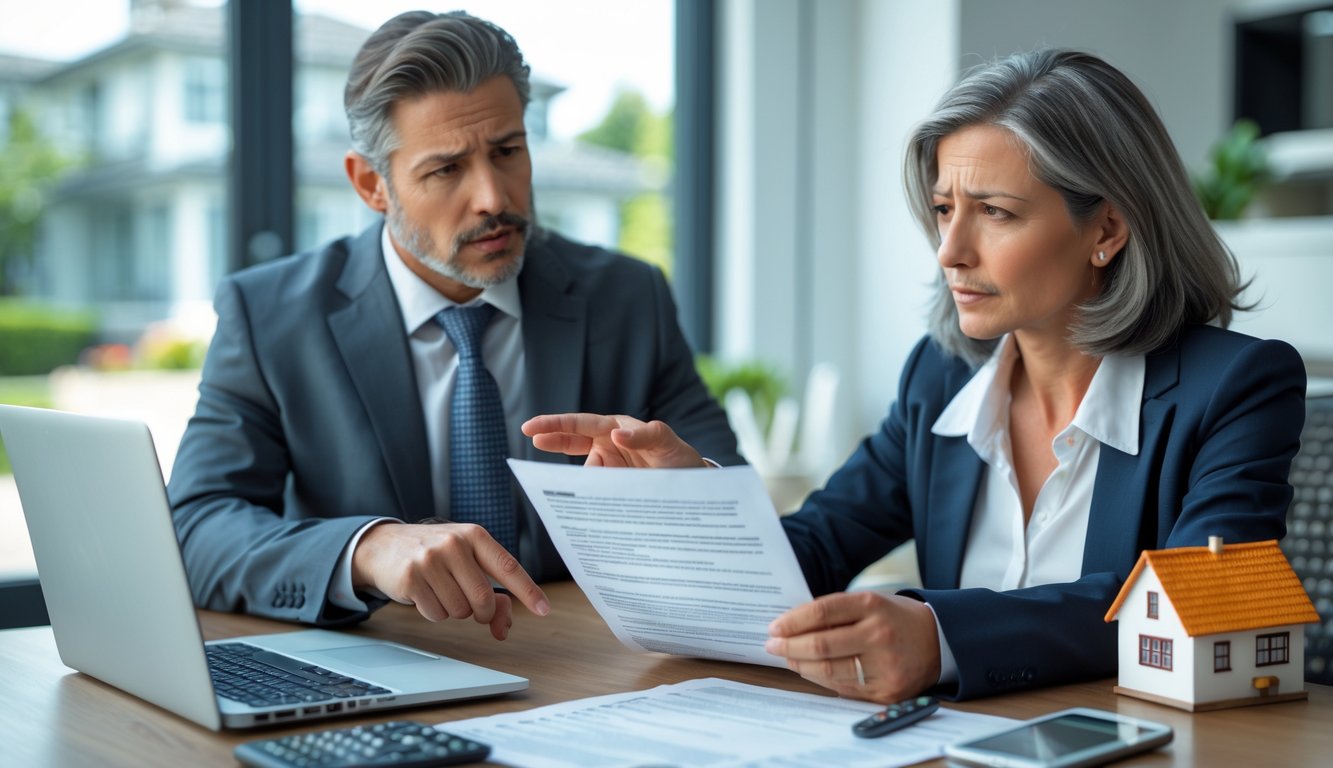A real estate agent discusses paperwork with a concerned home seller in an office, highlighting the importance of title insurance.