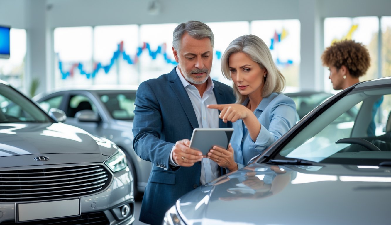 A couple examining a car in a dealership showroom, looking thoughtful and focused while considering their purchase.