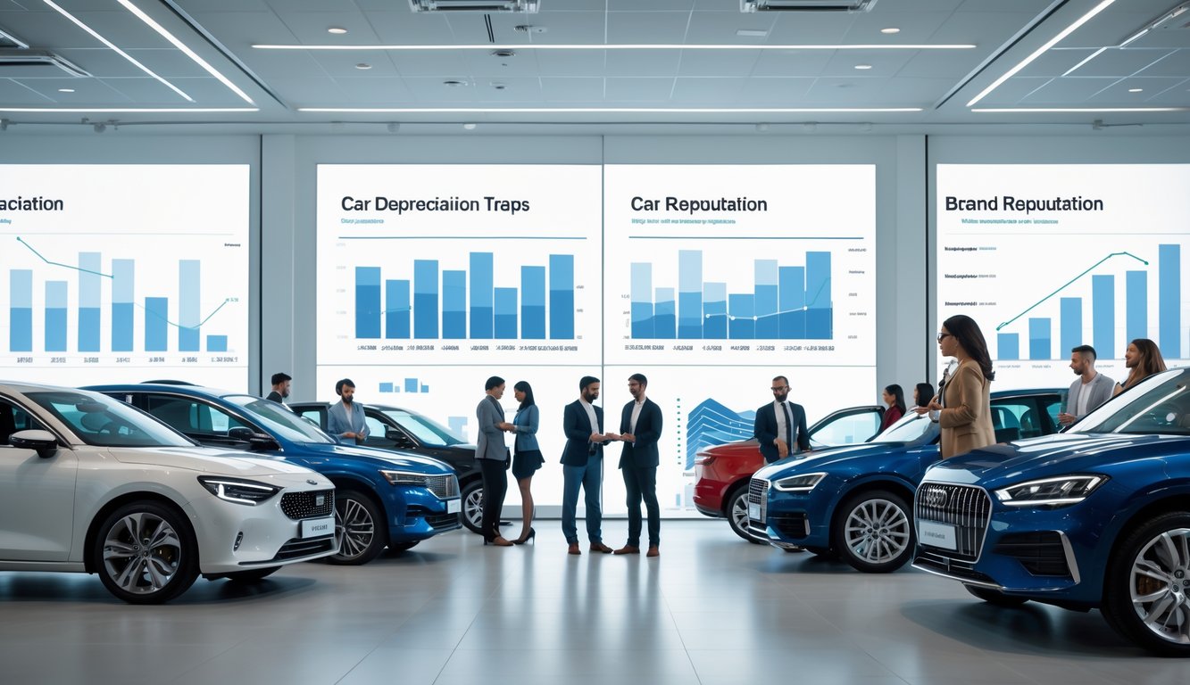 Car dealership showroom with buyers examining cars and sales representatives assisting them.