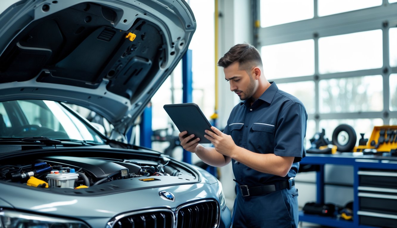 A mechanic inspects a car engine in a bright automotive workshop with car parts and tools on a workbench nearby.