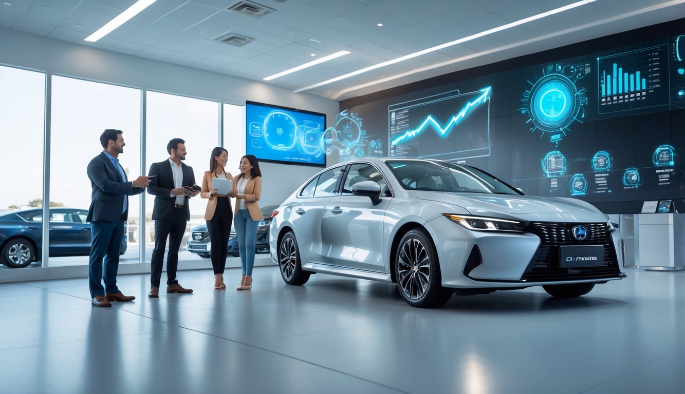 A group of diverse buyers talking with a car salesperson near a new car in a dealership showroom with digital icons representing car safety and technology.