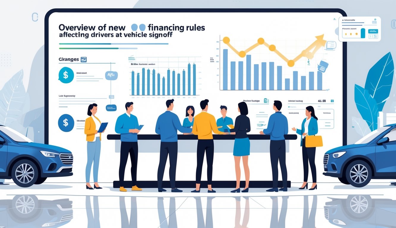 A group of drivers talking with financial advisors at a car dealership, with charts and icons representing changes in financing rules in the background.