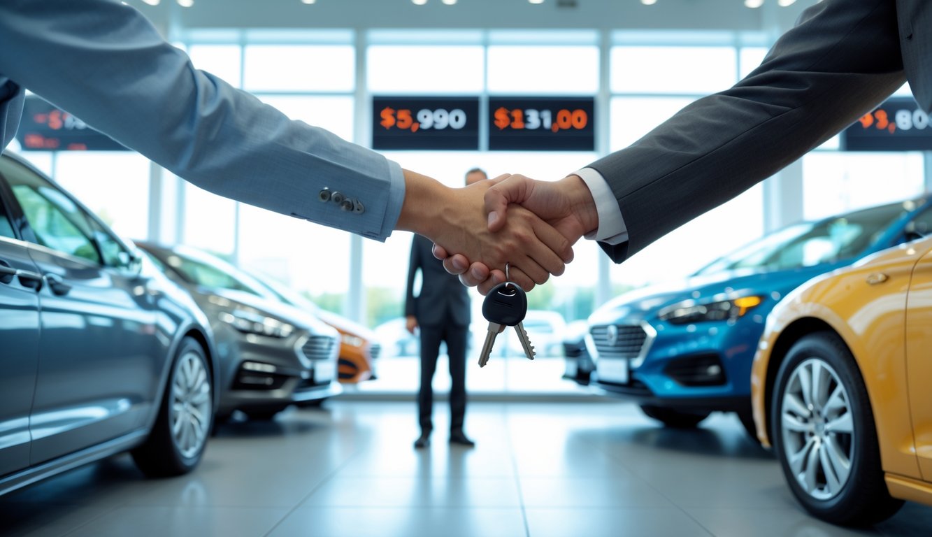 A car salesman shaking hands with a customer in a dealership showroom with cars and digital price displays in the background.