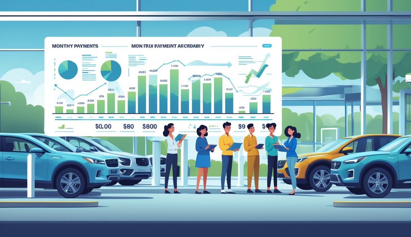 Drivers at a car dealership reviewing documents and digital devices showing changes in monthly car payments and affordability.