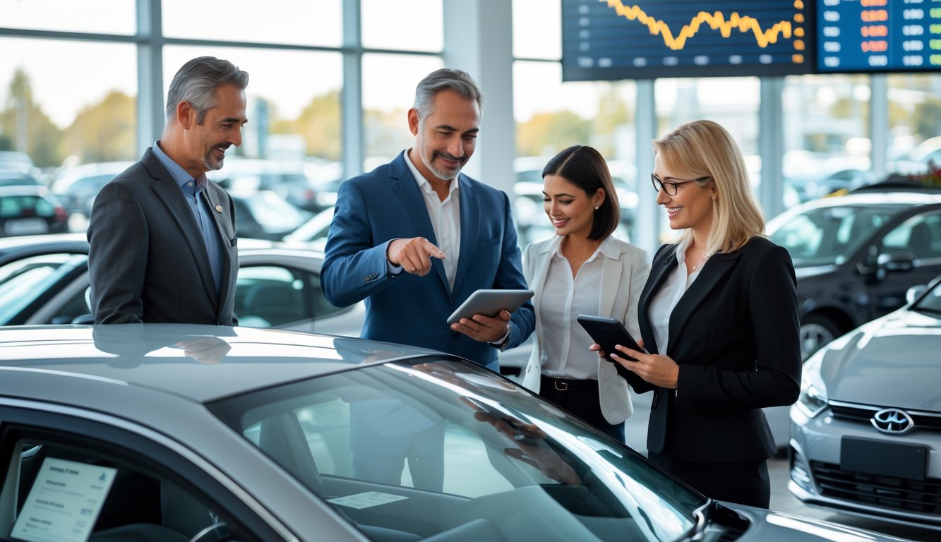 People discussing a used car trade-in at a car dealership showroom with cars and digital price graphs in the background.