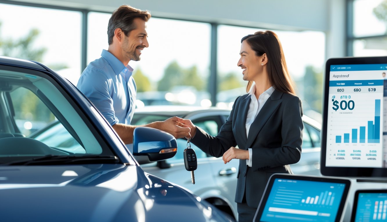 A car dealer and customer exchanging car keys next to a vehicle inside a dealership with digital devices showing appraisal data in the background.