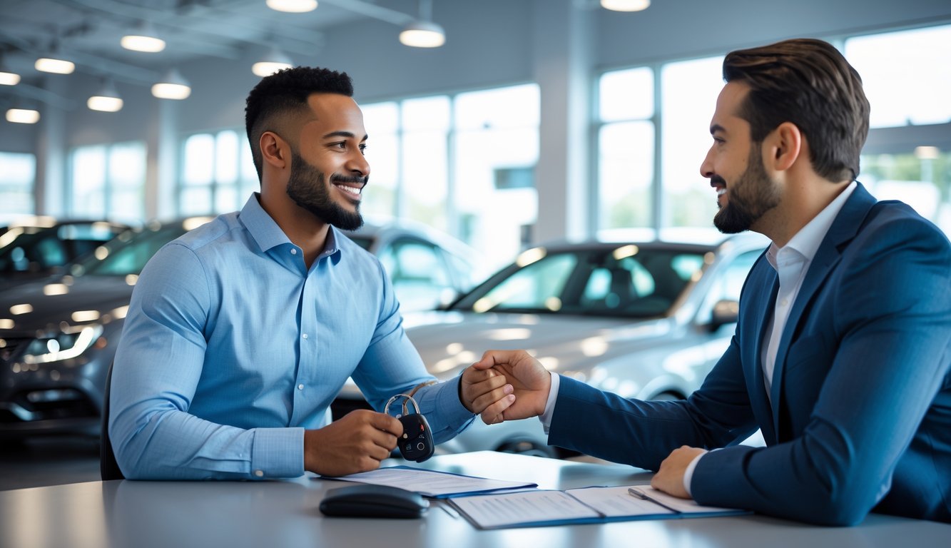 A car owner and a dealership representative discussing a trade-in deal inside a bright car showroom.