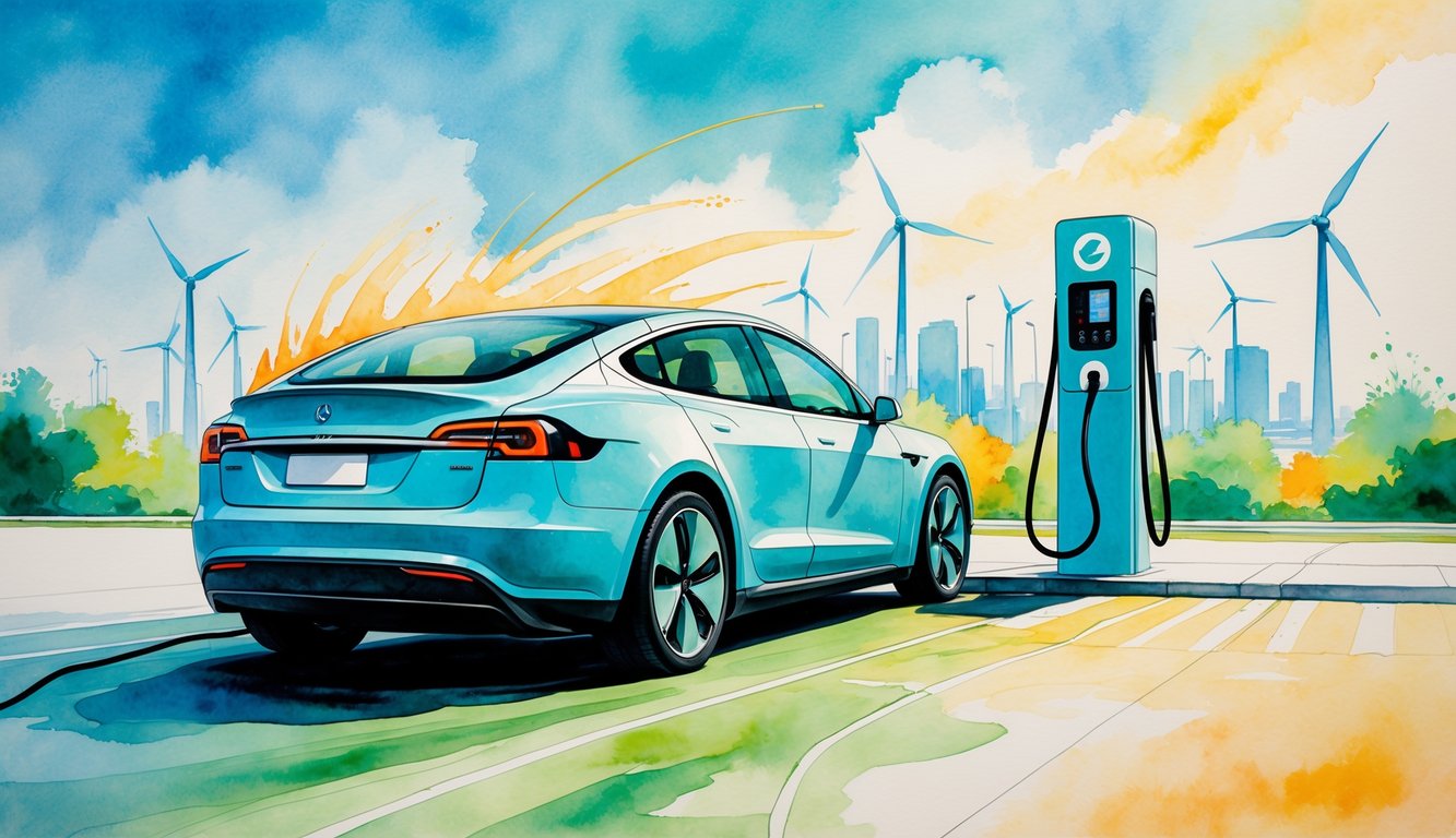 An electric car charging at a station with a city and clean energy elements in the background.