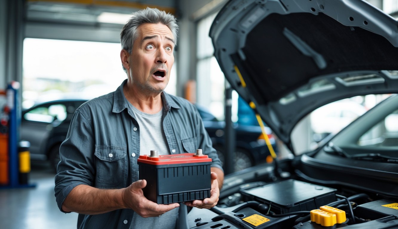 A person holding a car battery with a surprised expression next to an open car hood in a repair shop.