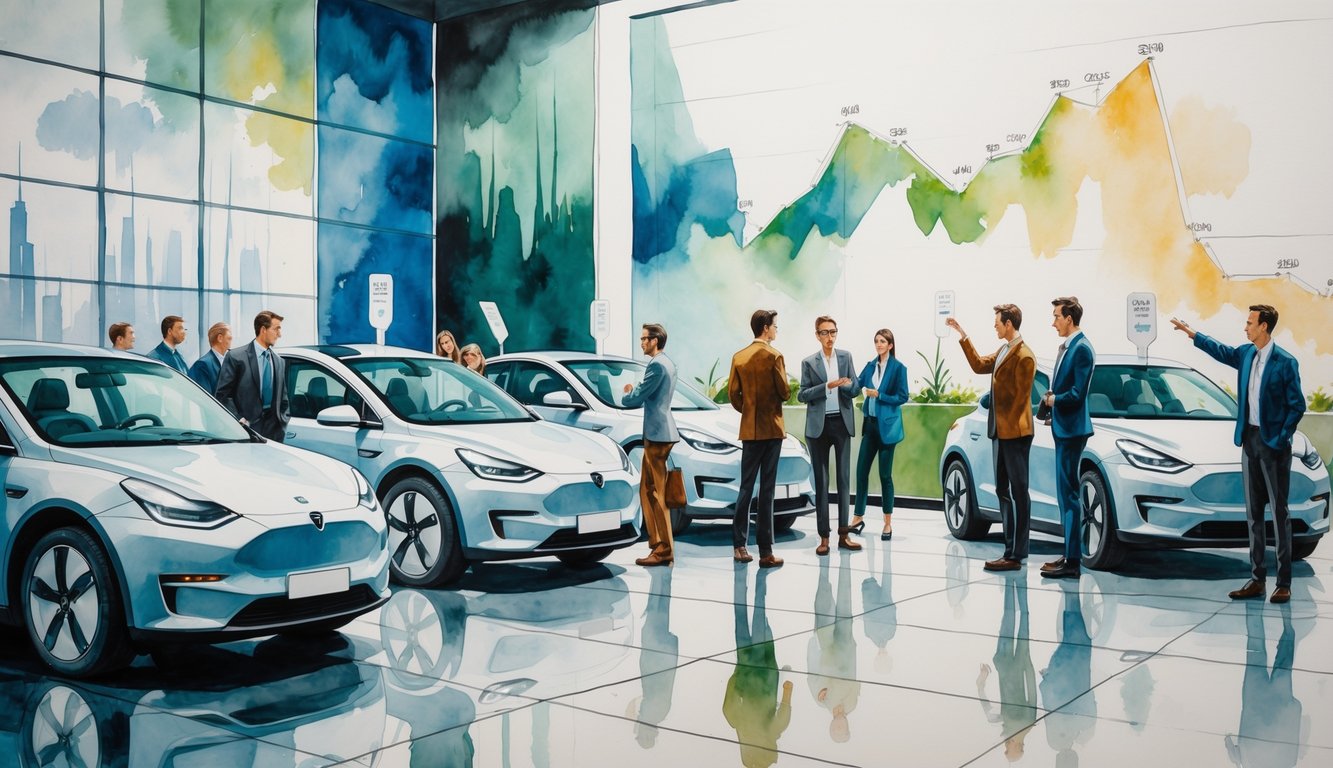 Shoppers examining electric cars in a showroom with floating price tags and an abstract chart in the background showing fluctuating costs.