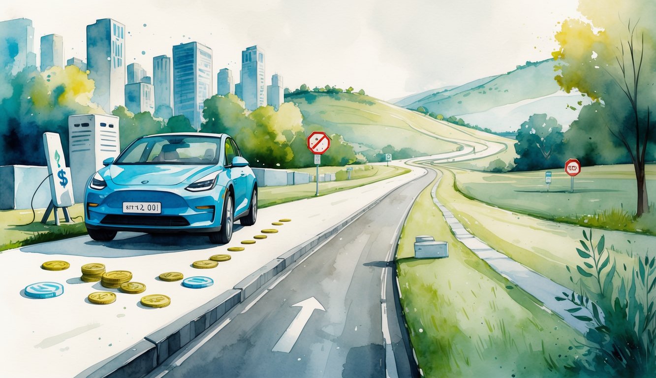 A scene showing a new electric car on one side and a winding road with charging stations and maintenance icons on the other, illustrating upfront versus long-term costs.