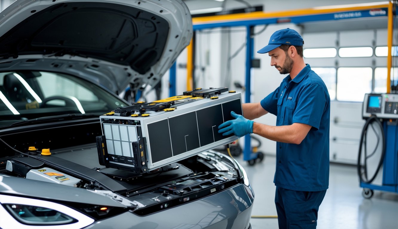 Technician replacing a large battery pack in an electric car inside a clean automotive workshop.