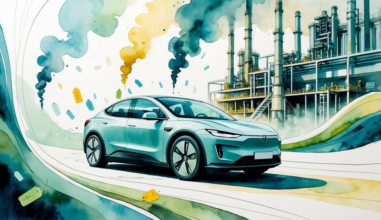 An electric car near a factory with floating price tags around it, symbolizing changing car prices and manufacturing influences.