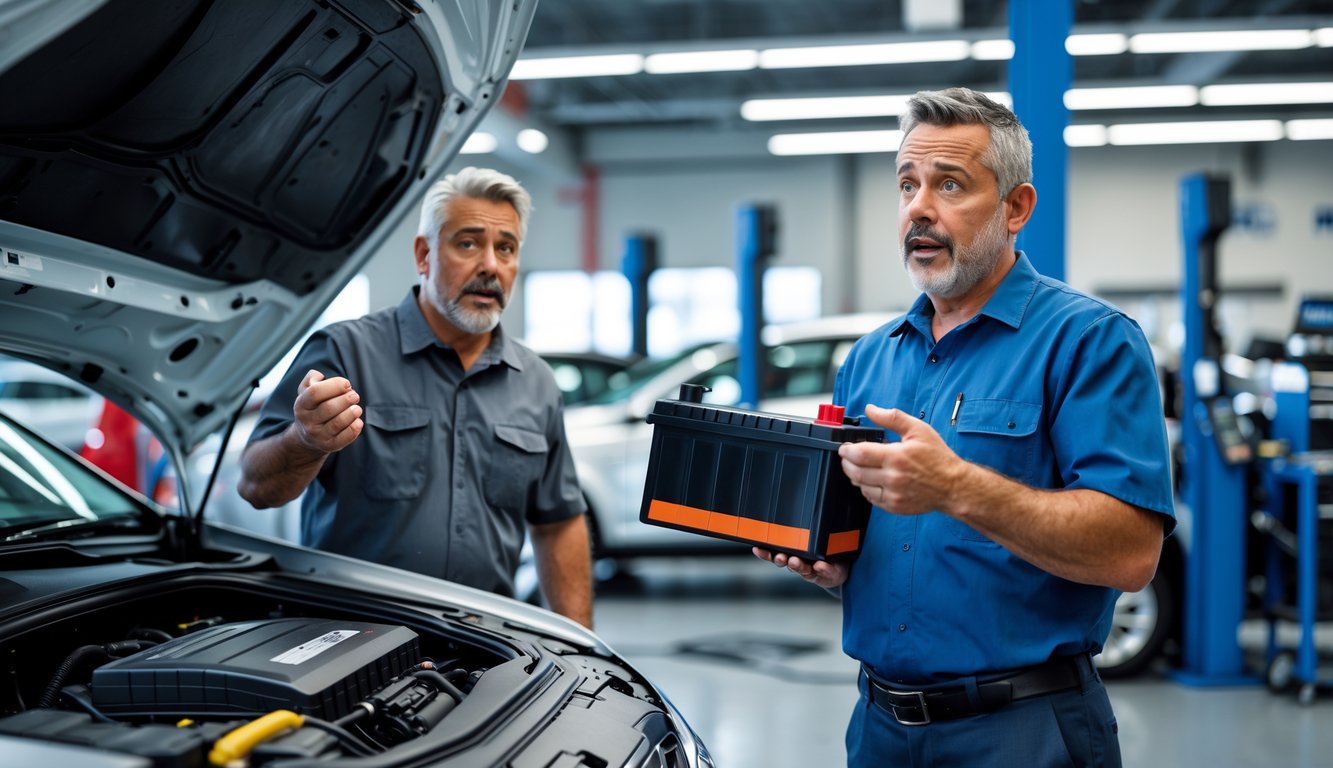 A car owner and a mechanic discuss a new battery next to an open car hood inside a clean service center.