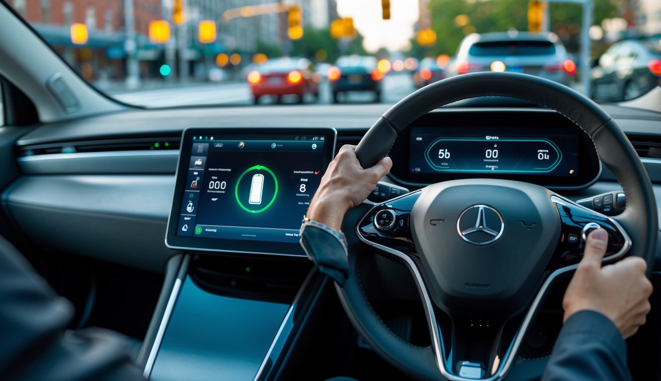 A driver’s hands on a steering wheel inside an electric car with the battery charge indicator visible on the dashboard and a city street outside the windshield.