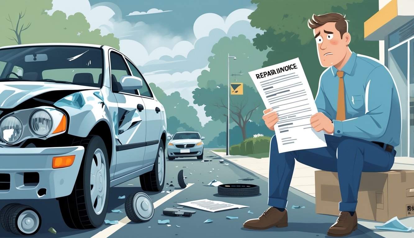 A damaged car on a street with a worried driver holding a repair invoice and an insurance agent handing over a document with fine print.