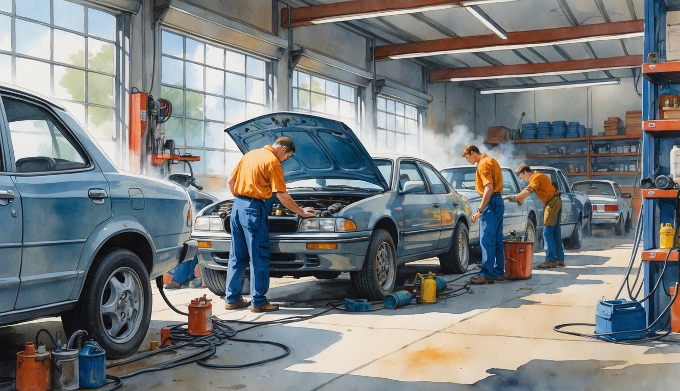 Mechanics working on worn cars inside an auto repair garage, inspecting engines and undersides with tools and equipment around them.