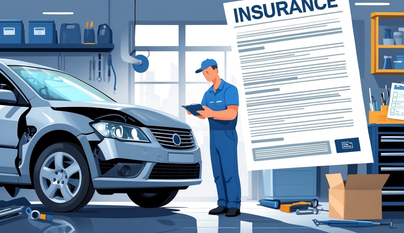 A damaged car in a repair shop with a mechanic examining it, alongside a semi-transparent overlay of an insurance document with fine print, illustrating how insurance coverage affects vehicle repairs.
