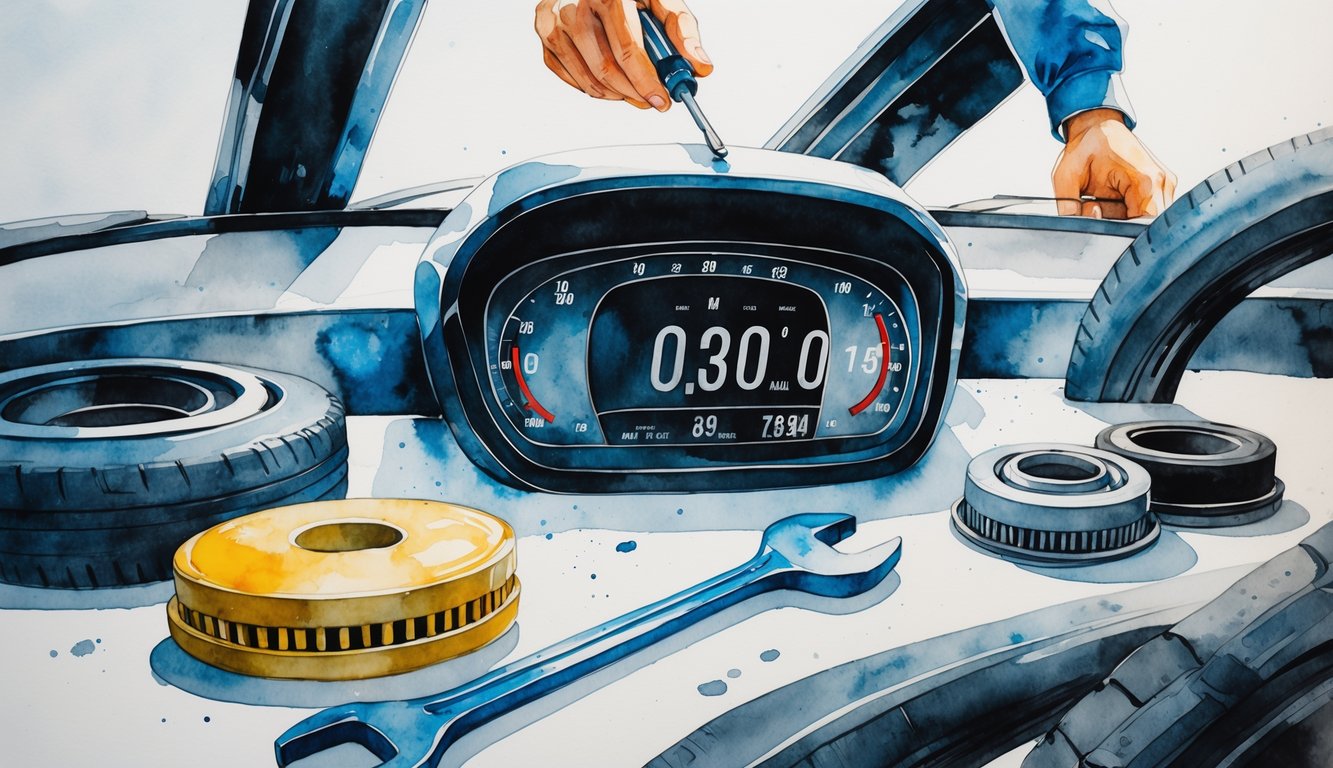 A modern car dashboard showing a high mileage reading, surrounded by worn car parts and a mechanic's hand holding a wrench.