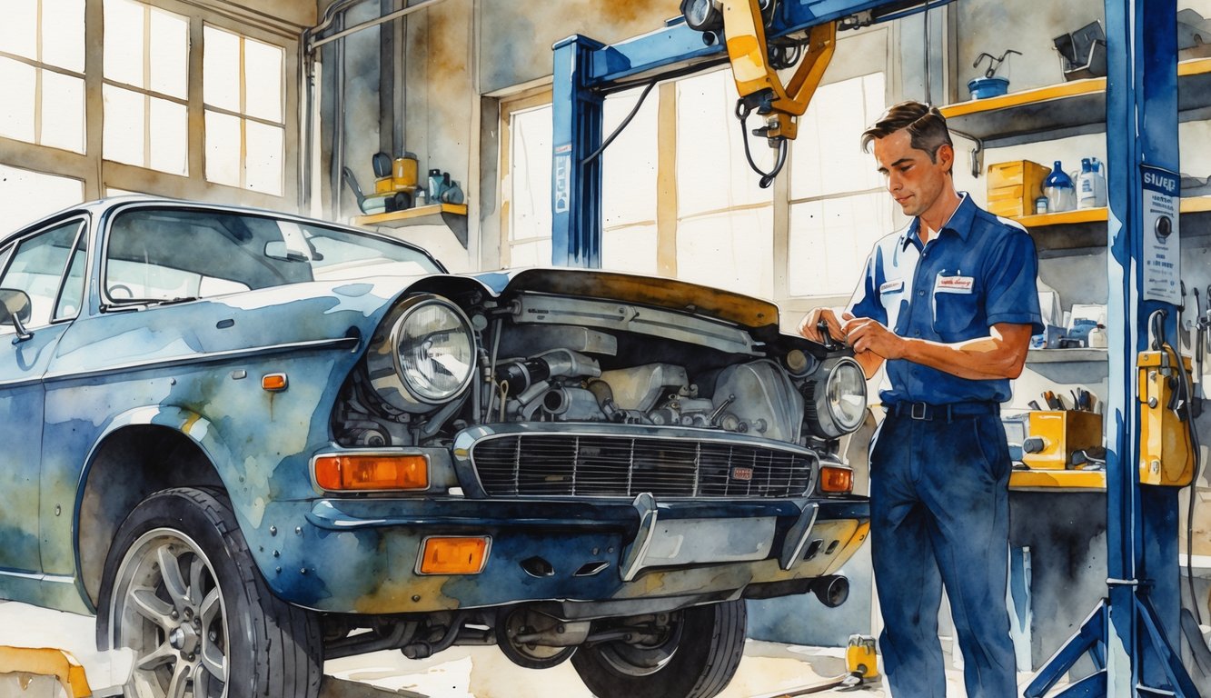 A mechanic inspecting the engine of an older car inside an auto repair garage filled with tools and equipment.