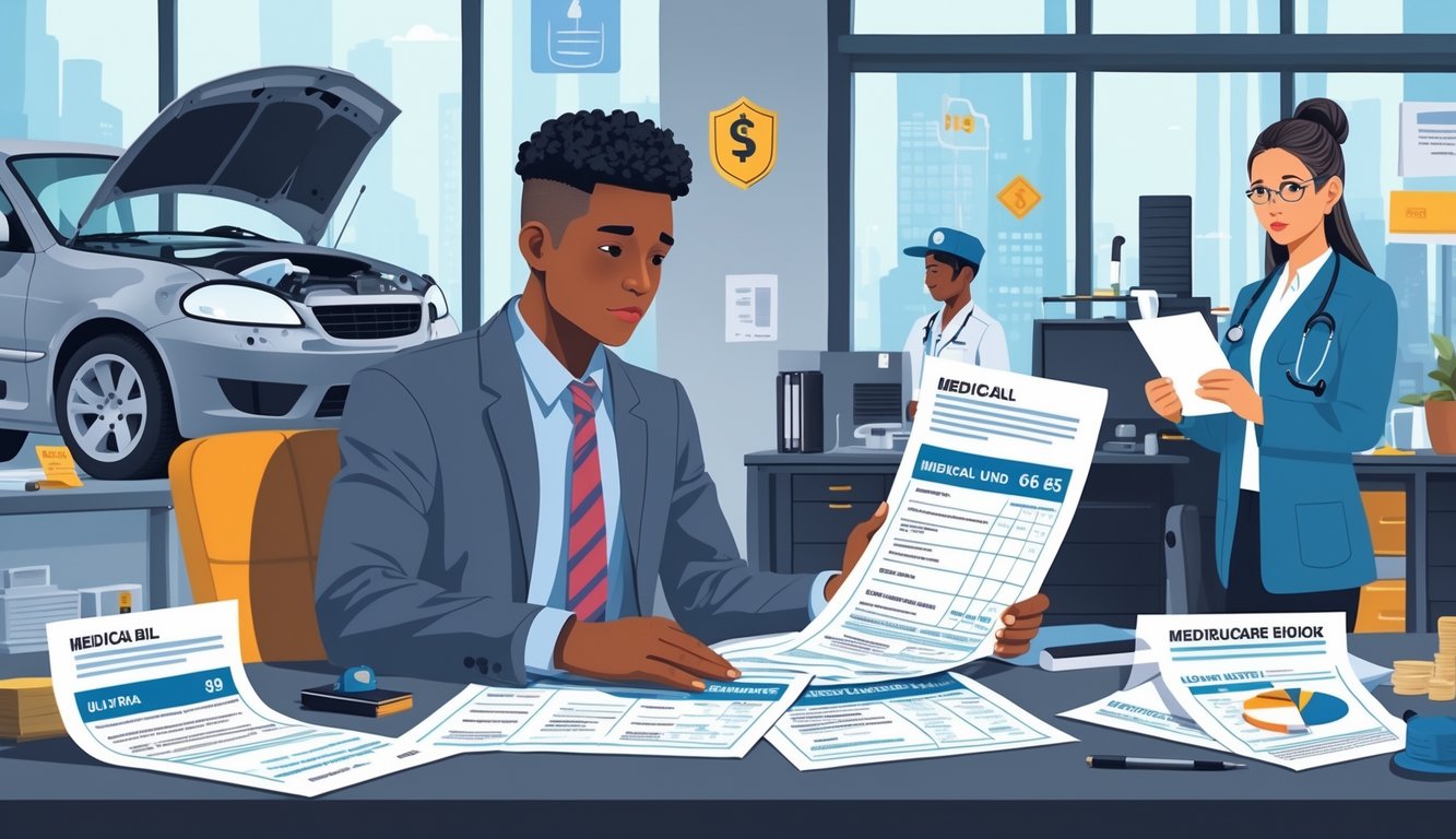 A person reviewing insurance documents at a desk with medical bills and car repair estimates nearby, a damaged car being assessed by a mechanic, and a healthcare professional consulting with the person.