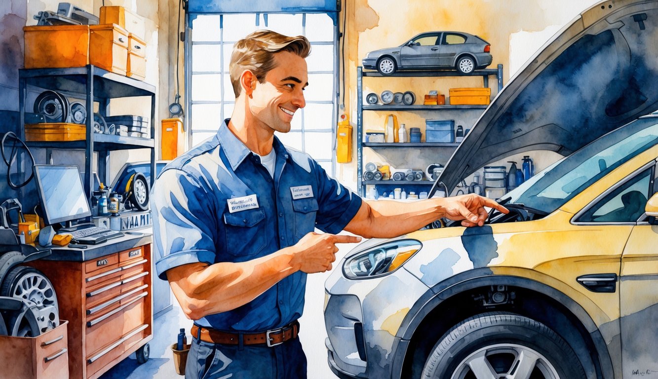 A mechanic advising a car owner about vehicle maintenance in an auto repair shop.