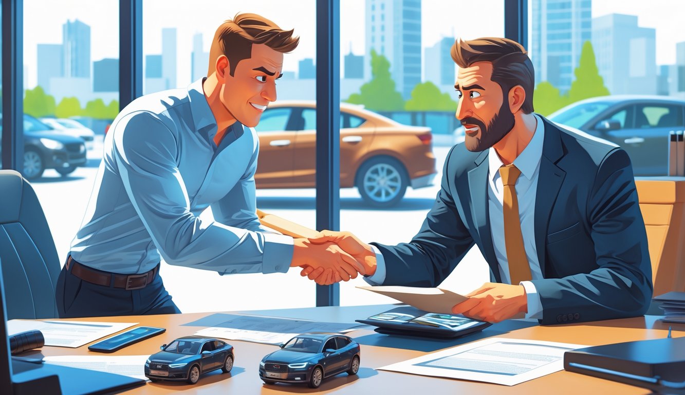 A private car seller and a dealer negotiate at a desk with paperwork and car keys, showing a tense moment as the dealer reacts to reduced offer numbers.