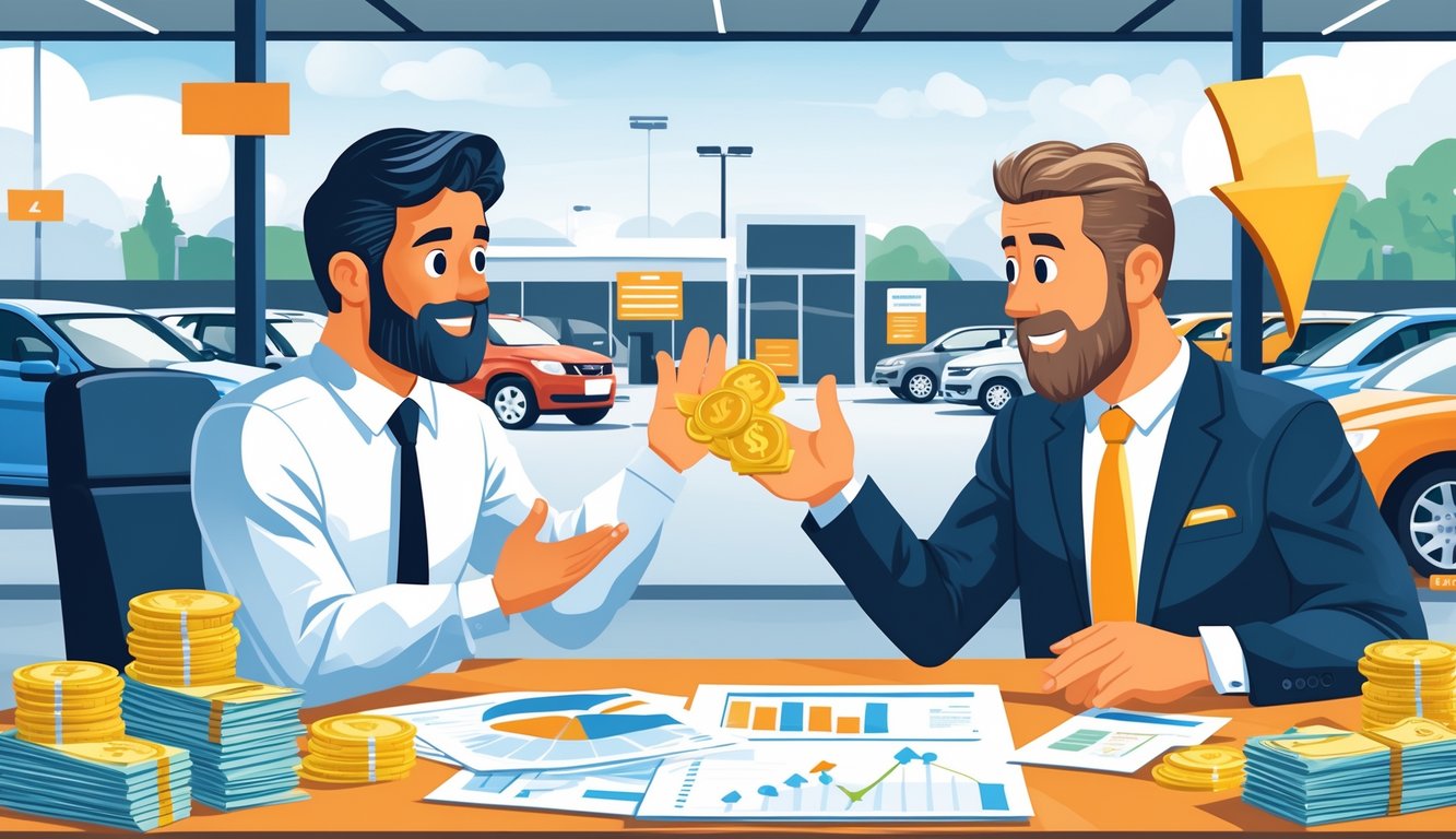 A private car seller negotiating with a dealer, showing vehicle history documents and the dealer lowering his offer.