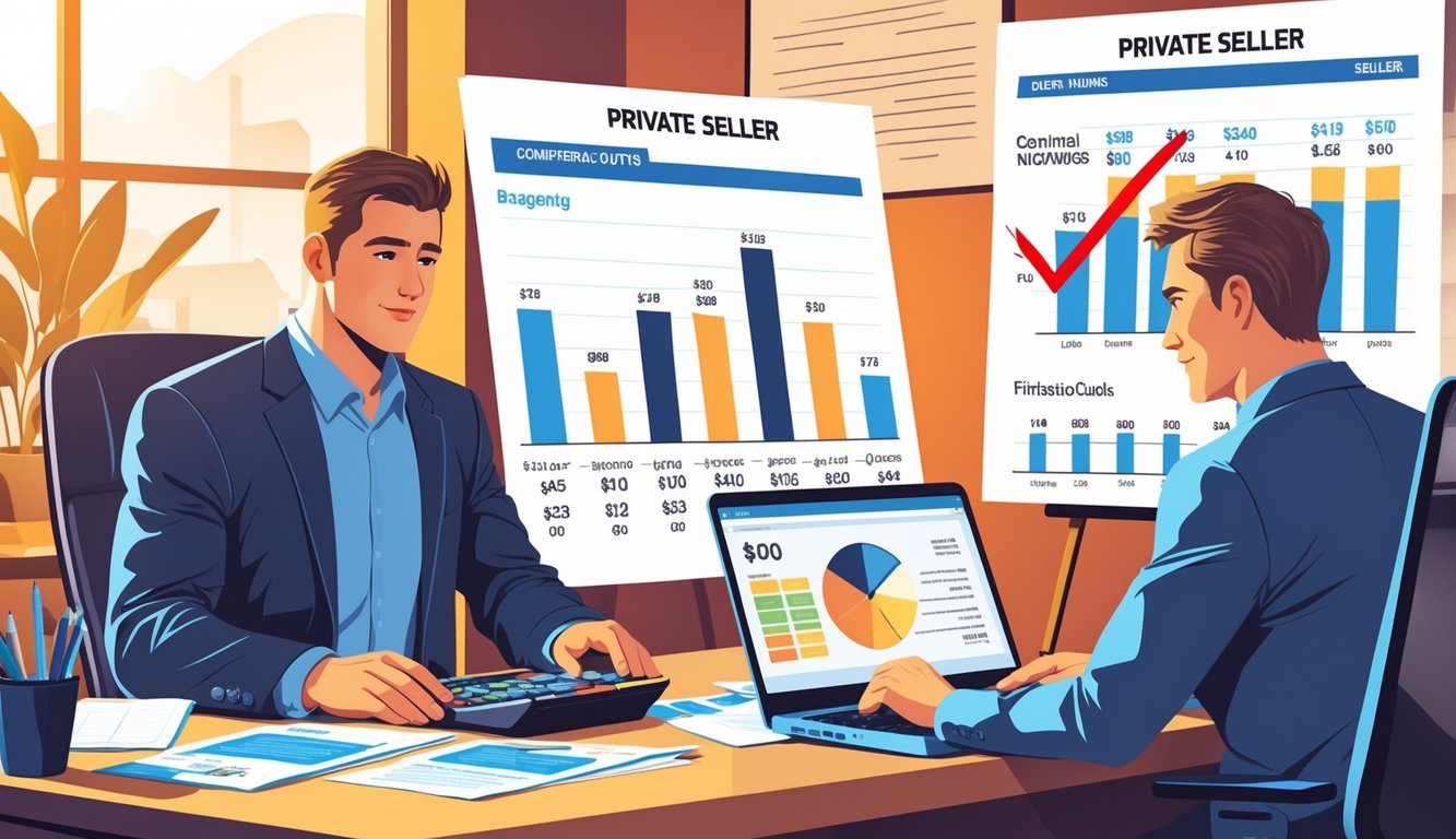 A buyer and a private seller negotiating at a desk with financial documents, a calculator, and a laptop showing charts, while a chart in the background shows reduced dealer offers.