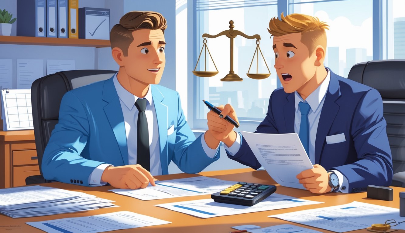 A private car seller and a dealer negotiating over paperwork in an office, with the dealer reacting to a reduced offer.