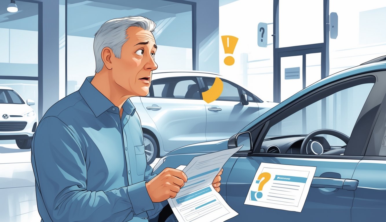 A middle-aged person looking surprised while reviewing car warranty documents near a modern car outside an auto service center.